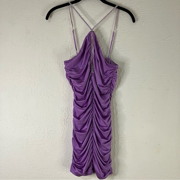Lucy In The Sky Rhinestone Detail Halter Cut Out Bodycon Dress in Purple - Picture 2 of 12